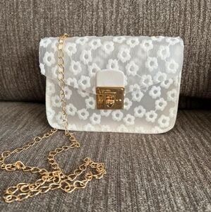White floral embroided clutch handbag